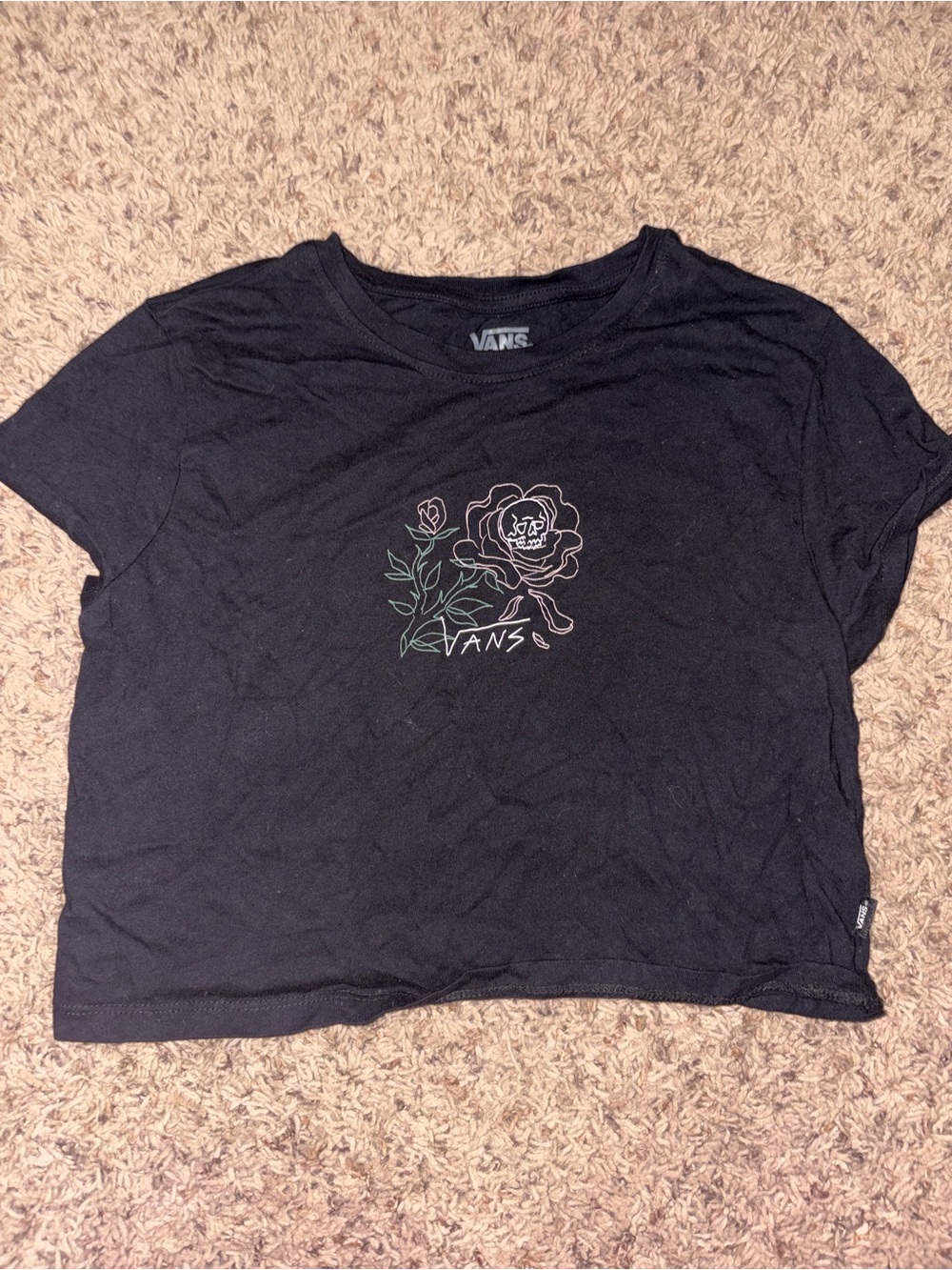 Vans Black Crop Tee with Floral Skull Outline